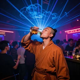a shaolin warrior monk drinking a beer at crowded nightclub, 8 k, laser show with blue cloud patterns, neon standup bar,