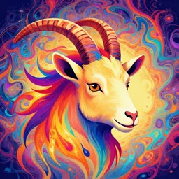 beautiful majestic colorful vibrant, goat head, mane of multicolor flame, flat psychedelic illustration, fractals radial flowing