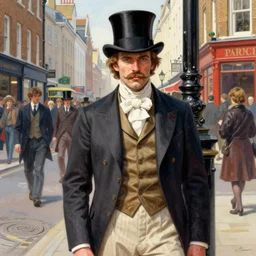 suited tophat moustache french duelist gentleman standing on a crowded old london town corner. intricate, vibrant, accurate, refined, vivid inks, portrait concept illustration by greg staples scott m fischer zhenyu liu terese nielsen stanley lau shingo matsunuma.
