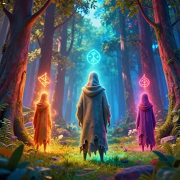 colorful forest landscape 4 k art by mike winkelmann, power auras, sigils, tattered cloth robes, substance 3 d painter, pbr textures, physical based rendering, cinematic, hyper realism, high detail, octane render, unreal engine, 8 k, vibrant colors, smooth gradients, high contrast, depth of field, aperture