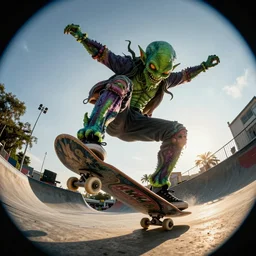 human - sized cthulhu as the pro skater doing a kickflip with skateboard, unreal engine, extremely detailed, fish eye lens, hyperrealistic