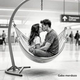 a sketch drawing, kiss on a hanging chair hammock at the airport by gabo mendoza, trending on artstation