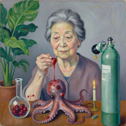 portrait of a japanese old lady, sensual, squashed berries dripping, octopus, scientific glassware, houseplant, oxygen tank, candlelight, neo - impressionist, surrealism, acrylic and spray paint and oilstick on canvas