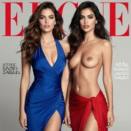 magazine cover art featuring two scantily clad women. one wearing blue dress and the other in a red sarong. in the style of elle, vogue, cosmopolitan