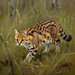an ocelot, sneaking through a bog, oil painting