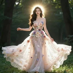 elegant woman wearing a flowing flower dress in the forest, haute couture, radiant light, artgerm, wlop, photorealism, fantasy, halo of light