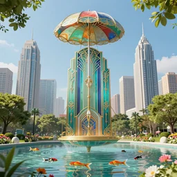 art deco 1 9 2 0 floating parasol and koifish metropolis optimistic colorful sunny clear day parks trees flowers water clear focus [ [ minimalist brutalist skyscrapers ] ] [ art deco motifs ] cinematic lighting fantasy by ross tran greg rutkowski intricate elegant retro futuristic highly detailed artstation