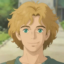 young man with medium - length, curly, golden hair, perfectly proportioned face, aquamarine eyes, good nose, sweet smile, natural lighting, path traced, highly detailed, high quality, cartoon, digital painting, by new haicheng and studio ghibli and alphonse mucha