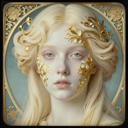 a beautiful girl's face made of ivory and gold filigree, daguerreotype by edward hopper, by henri rousseau, by Bosch, art noveau, highly detailed, strong lights, liminal, eerie, Bright pastel colors, octane render, 8k,
