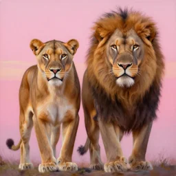 twin flame lioness and lion art pink sunset hue highly detailed oil painting hue by craig mullins