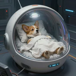 little dog inside a hypersleep pod inside a cyberpunk spaceship, very realistic, greg rutkowski, caspar david friedrich, smooth, illustration, elegant, artstation, digital painting