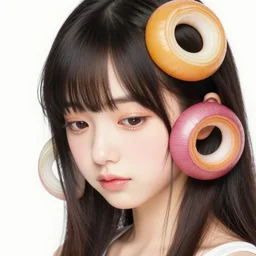 the face of a ridiculously beautiful and cute japanese girl partially made of onion rings of all colors looking down, an ultrafine detailed illustration by james jean, final fantasy, intricate linework, bright colors, angular, altermodern, unreal engine 5 highly rendered, global illumination, radiant light, detailed and intricate environment