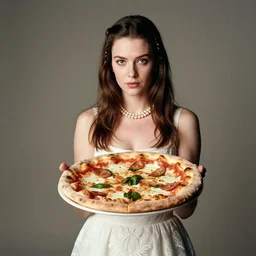 studio portrait of a young queen, holding up a neapolitan pizza margherita to the camera, pearl necklace, intricate white dress, muted colors, soft lighting, sharp focus, neutral background, masterpiece, photo by jimmy nelson, cindy sherman, letizia vestrucci