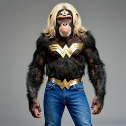 a Chimpanzee, dressed as Wonder Woman, is wearing tight fit Blue Jean pants and wearing a blonde wig, photographed in the style of Annie Leibovitz, photorealistic