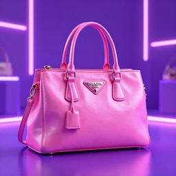 y 2 k realistic render of a pink prada purse in a glowing neon light purple room, hyper realistic, hd glossy 8 k realistic shiny sparkling