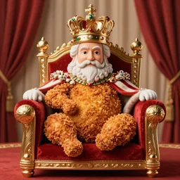 breaded chicken sitting on the king’s throne with a crown of a king in top of it, hyper realistic, 4k