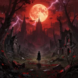 abandoned bloodborne old valley with a obscure person at the centre and a ruined gothic city in the background, trees and stars in the background, falling red petals, epic red - orange moonlight, perfect lightning, wallpaper illustration by niko delort and kentaro miura, 8 k, ultra realistic