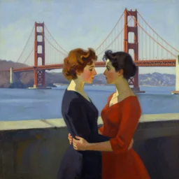 edward hopper style!!! a lesbian couple!! romantic, mid century, golden gate bridge in the background!!!