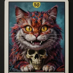 Crazy Cheshire Cat,Death Tarot card,highly detailed,half skull face,cinematic,8k,by Stanley Artgermm,Beksinski,Tom Bagshaw,Greg Rutkowski,Carne Griffiths, Ayami Kojima, Giger,trending on DeviantArt,hyper detailed,horror, full of colour