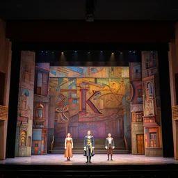 photo of a huge theaterstage, play is hamlet, 3 actors on stage, 8 k, multicolored, exaggerated detailed, long shot