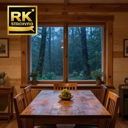photo of a beautiful wooden dining room with a window with a view of a rainy european forest at night,, beautiful view,winning award photo,4k,ambient lighting, chill out, relaxing