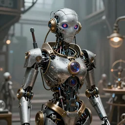 an steampunk artificial AI robot mathematician is looking directly at you, insanely detailed, 8k, trending on artstaion