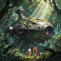 a matte painting of a massive abandoned alien spaceship with vines growing on it deep in the jungle. mysterious glow emits from the inside of the spaceship. concept art by hayao miyazaki and stephan martiniere, volumetric lighting, god rays. sence of awe, megalophobia. trending on behance.