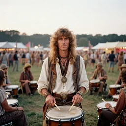 portrait of geert wilders as a hippie in a drum circle at the 1 9 6 9 woodstock festival shot on 1 6 mm eastman 7 2 5 4 film at magic hour