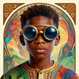 colourful vfx upper half - portrait - art of a nigerian boy wearing steam punk goggles, art by alphonse mucha & james jean, digital render, digital illustration, concept art, caricature, volumetric light, ray tracing, symmetrical, unreal engine, octane 3 d render, sharp, detailed, intricate detail, pinterest, behance, art station,