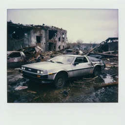 faded photographs of delorean in postapocalyptic abandoned destroyed deep sea, wrecked buildings, destroyed flipped wrecked cars, flood water polaroid photo, vintage, 1 9 8 5, neutral colors, rainy day, by gregory crewdson