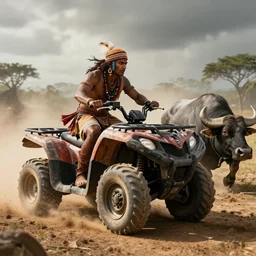 indian on wooden native atv attacking bufallos, action scene, an epic fantasy, dramatic lighting, cinematic, establishing shot, extremely high detail, photorealistic, cinematic lighting, artstation, octane render, by simon stalenhag, horizon forbidden west and western