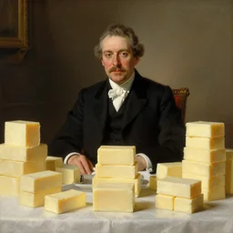 portrait of a respectable dignified royal business elite politician sitting at a finely set table covered entirely with stacks upon stacks of raw sticks of butter, official fanart behance hd artstation, master painting solomon joseph solomon and richard schmid and jeremy lipking victorian genre painting portrait painting