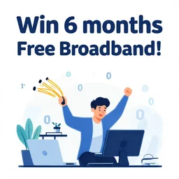 Win 6 months Free Broadband!, corporate poster, vector, illustration, 1's and 0's, optic fibre, ecstatic office worker