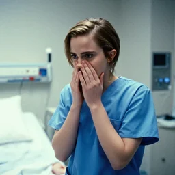 emma watson, nurse scrubs, hospital, overwhelmed, award winning, kodak ektachrome expired blue tint,