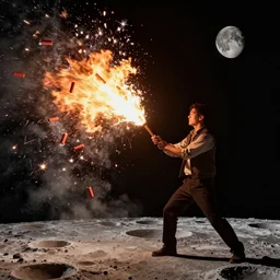 high quality digital art of man brusting fire crackers on the moon in the style of greg rutswoski, moon craters are visible, high quality cinematic lights, 8K octane render, art station