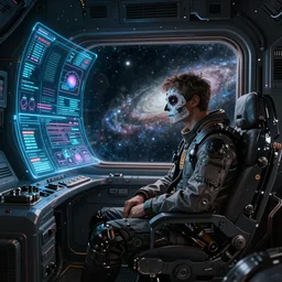 human, sitting sad in a dark spaceship, holographic control panel on wall, gazing at view of galaxy in space through a window, environment, photorealistic!, octane render, mechanical, concept art, cinematic lighting, digital art, interstellar, hyper realism, sharp, cyberpunk, 8 k, de dia los muertos. by angus mckie, moebius, maciej kuciara