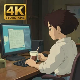 a photograph of a person sitting at a desk, looking at monitor, dimly lit bedroom, hot cocoa drink, by studio ghibli, pastel tones, 4 k, 8 k