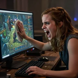 Emma Watson furious and screaming at her monitor after wiping on a raid boss in World of Warcraft