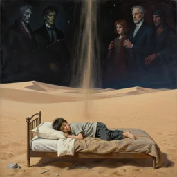 realistic detailed image of a little sick boy on the bed in a huge sand desert. a !!thin stream of sand!!! falls from the sky in to eternity of outer space.  by  Ayami Kojima, Amano, Karol Bak, Greg Hildebrandt, and Mark Brooks, Neo-Gothic, gothic, rich deep colors. Beksinski painting, part by Adrian Ghenie and Gerhard Richter. art by Takato Yamamoto. masterpiece