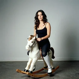 35mm film still of Jennifer Connelly riding a rocking horse, figure portrait