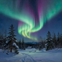 beautiful nature, winter, night, norhtern lights, very detailed, focused, cinematic lighting, oil painting, colorful, canvas, artstation,Sydney Mortimer Laurence, Albert Bierstadt