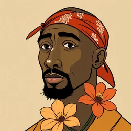 a stylized minimalist portrait of tupac with a bandana and a chrysanthemum. shin hanga and kawanabe kyosai and chris ware and cory loftis and rossdraws, global illumination, golden ratio, flat colors, thick black outlined, woodblock print