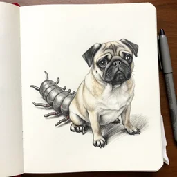 sketchbook pencil drawing of a pug centipede, photo