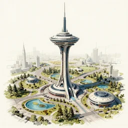 scifi tower architecture, with scifi park, sketch