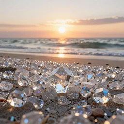 beach filled with sparkling crystals, sunset, ocean, photorealistic, cinematic lights, octane render, unreal engine