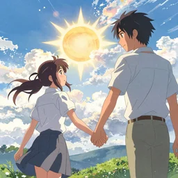 a man and a woman holding hands under a beautiful sun drawn like the anime Your Name anime, intricate