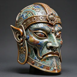fantasy art ultra 4 k photo of a bizzare colorful metal armor warrior mask made of ceramic intricately spectacular carved by a master engraver by h. r. giger