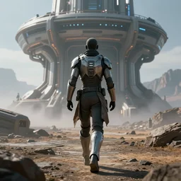 a humanoid wearing sleek but simple body armor with glowing parts and cloth walks towards a technological outpost on a vast alien landscape, dramatic lighting, light fog, 8 k cg render, trending on artstation