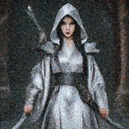 photograph of a real-life beautiful assassin with intricate silver robes and daggers.  Extremely detailed. 8k
