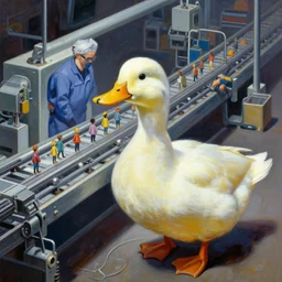 A mixed media painting of a duck worker in front of a production line with little humans on it, by Frank Frazetta, Greg Rutkowski, Beeple, post-processing, low angle, masterpiece, cinematic, isometric, volumetric lighting